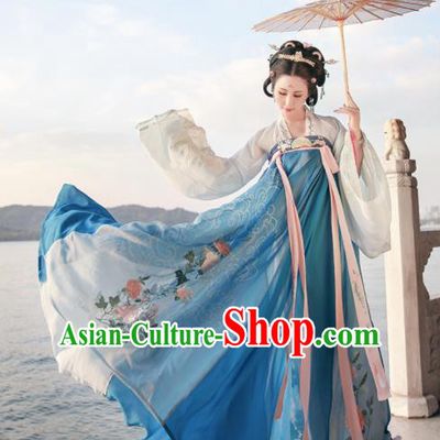 Ancient Chinese Court Princess Blue Hanfu Dress Traditional Tang Dynasty Embroidered Replica Costume for Women