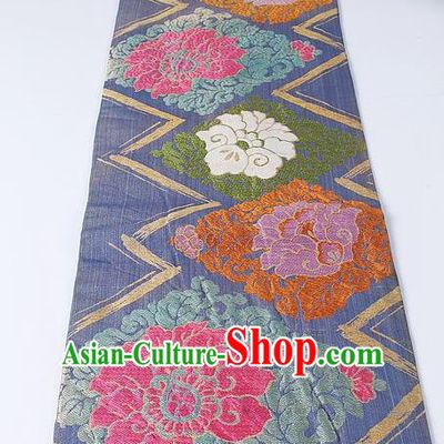 Japanese Ceremony Kimono Classical Peony Pattern Design Blue Brocade Belt Asian Japan Traditional Yukata Waistband for Women