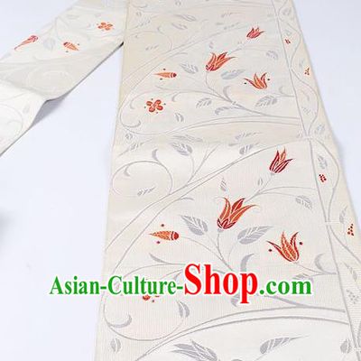 Japanese Ceremony Kimono Classical Pepper Flowers Pattern Design White Brocade Belt Asian Japan Traditional Yukata Waistband for Women
