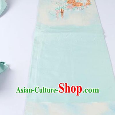 Japanese Ceremony Kimono Classical Orchid Peony Pattern Light Blue Belt Asian Japan Traditional Yukata Waistband for Women