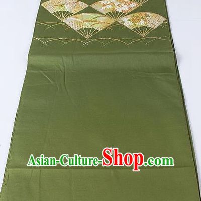 Japanese Kimono Accessories Classical Fan Pattern Olive Green Belt Asian Japan Traditional Ceremony Yukata Waistband for Women