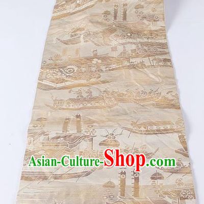 Japanese Kimono Accessories Classical Dragon Boat Pattern Beige Belt Asian Japan Traditional Ceremony Yukata Waistband for Women
