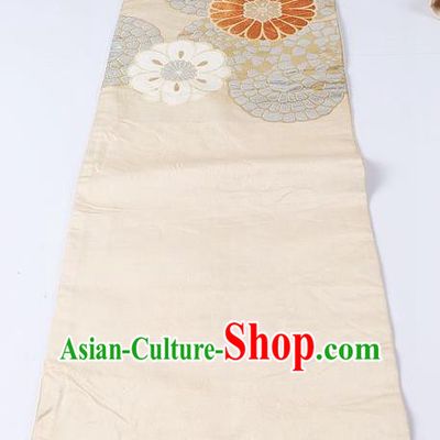 Japanese Ceremony Kimono Classical Chrysanthemum Pattern Beige Belt Asian Japan Traditional Yukata Waistband for Women