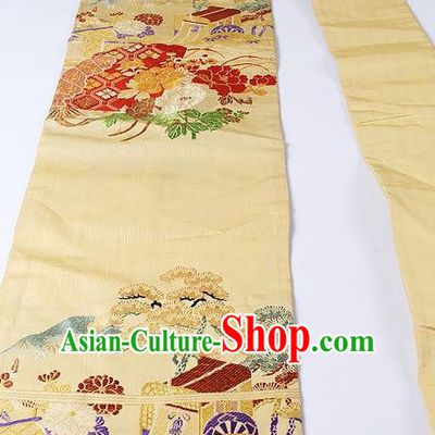Japanese Ceremony Kimono Classical Pine Peony Pattern Yellow Belt Asian Japan Traditional Yukata Waistband for Women