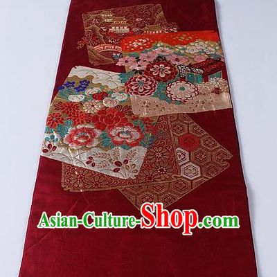 Japanese Kimono Accessories Classical Peony Pattern Wine Red Belt Asian Japan Traditional Ceremony Yukata Waistband for Women