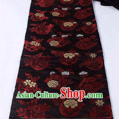 Japanese Kimono Accessories Classical Chrysanthemum Pattern Black Brocade Belt Asian Japan Traditional Ceremony Yukata Waistband for Women
