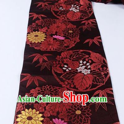 Japanese Kimono Accessories Classical Chrysanthemum Pattern Deep Brown Brocade Belt Asian Japan Traditional Ceremony Yukata Waistband for Women