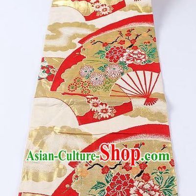 Japanese Kimono Accessories Classical Chrysanthemum Fan Pattern Golden Brocade Belt Asian Japan Traditional Ceremony Yukata Waistband for Women