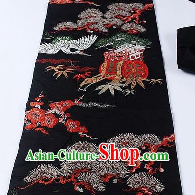 Japanese Kimono Accessories Classical Crane Pine Pattern Black Brocade Belt Asian Japan Traditional Ceremony Yukata Waistband for Women