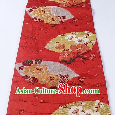Japanese Traditional Yukata Accessories Classical Plum Peony Pattern Red Brocade Belt Asian Japan Kimono Waistband for Women