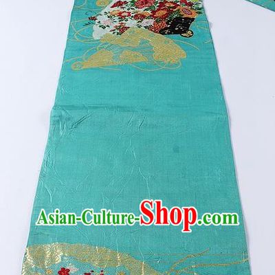 Japanese Traditional Yukata Accessories Classical Chrysanthemum Pattern Blue Brocade Belt Asian Japan Kimono Waistband for Women