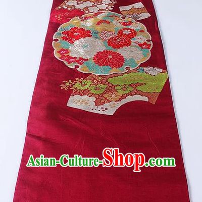 Japanese Traditional Yukata Accessories Classical Chrysanthemum Peony Pattern Wine Red Brocade Belt Asian Japan Kimono Waistband for Women