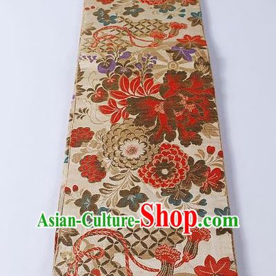 Japanese Traditional Yukata Accessories Classical Chrysanthemum Peony Pattern Beige Brocade Belt Asian Japan Kimono Waistband for Women
