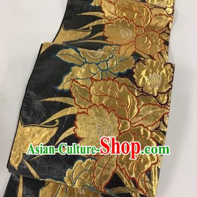 Japanese Traditional Yukata Accessories Classical Peony Pattern Black Brocade Belt Asian Japan Kimono Waistband for Women