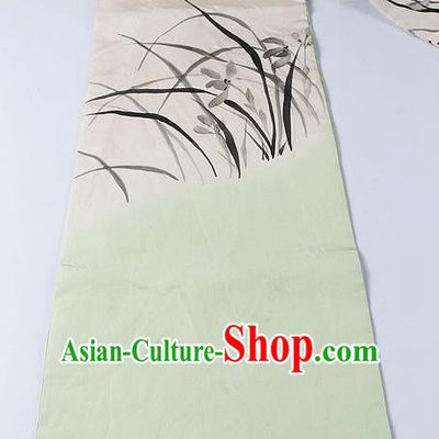 Japanese Kimono Accessories Classical Orchid Pattern Light Green Belt Asian Japan Traditional Ceremony Yukata Waistband for Women
