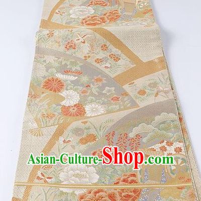 Japanese Kimono Accessories Classical Peony Pattern Light Golden Belt Asian Japan Traditional Ceremony Yukata Waistband for Women
