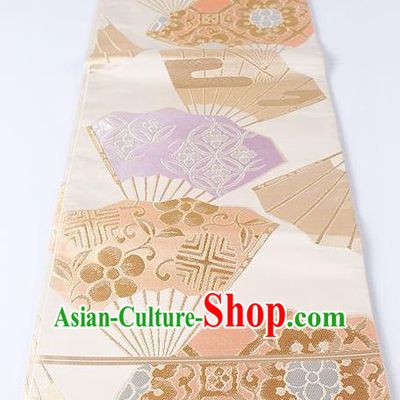 Japanese Kimono Accessories Classical Fan Pattern Beige Belt Asian Japan Traditional Ceremony Yukata Waistband for Women