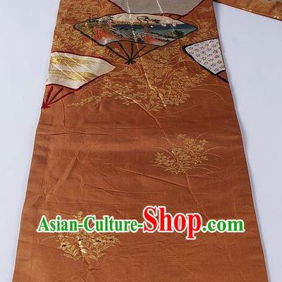 Japanese Kimono Accessories Classical Fan Pattern Bronze Belt Asian Japan Traditional Ceremony Yukata Waistband for Women