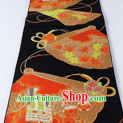Japanese Kimono Accessories Classical Maple Leaf Pattern Black Belt Asian Japan Traditional Ceremony Yukata Waistband for Women