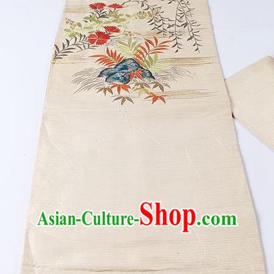 Japanese Ceremony Classical Bamboo Leaf Pattern White Kimono Belt Asian Japan Traditional Yukata Waistband for Women