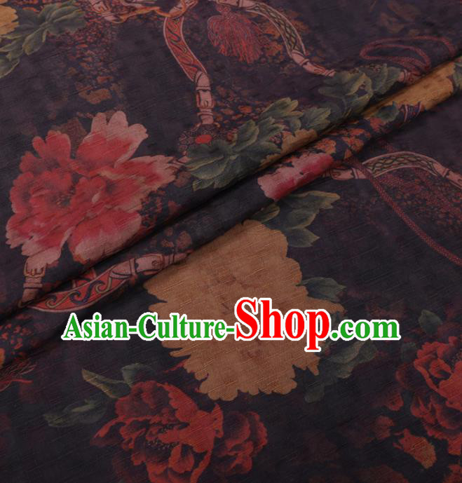 Traditional Chinese Classical Peony Pattern Design Brown Gambiered Guangdong Gauze Asian Brocade Silk Fabric Traditional Chinese Classical Peony Pattern Design Brown Gambiered Guangdong Gauze Asian Brocade Silk Fabric