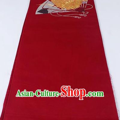 Japanese Kimono Accessories Classical Fan Pattern Wine Red Belt Asian Japan Traditional Ceremony Yukata Waistband for Women