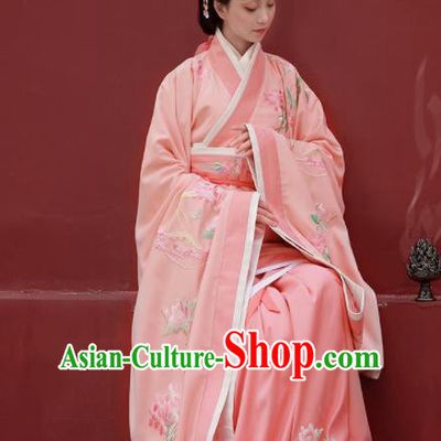 Chinese Ancient Han Dynasty Imperial Consort Pink Hanfu Dress Traditional Court Lady Embroidered Replica Costume for Women