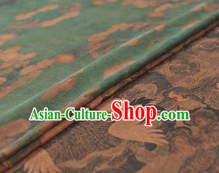 Chinese Traditional Classical Cranes Pattern Design Green Gambiered Guangdong Gauze Asian Brocade Silk Fabric Chinese Traditional Classical Cranes Pattern Design Green Gambiered Guangdong Gauze Asian Brocade Silk Fabric