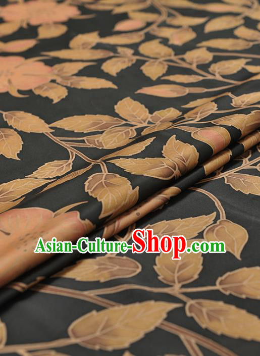 Chinese Traditional Classical Leaf Pattern Design Black Gambiered Guangdong Gauze Asian Brocade Silk Fabric Chinese Traditional Classical Leaf Pattern Design Black Gambiered Guangdong Gauze Asian Brocade Silk Fabric