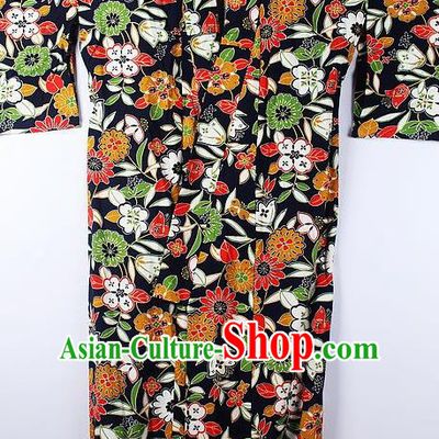Japanese Traditional Ceremony Chrysanthemum Pattern Black Kimono Asian Japan National Yukata Costume for Men