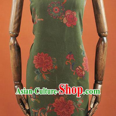 Chinese Traditional Peony Flowers Pattern Design Green Gambiered Guangdong Gauze Asian Brocade Silk Fabric
