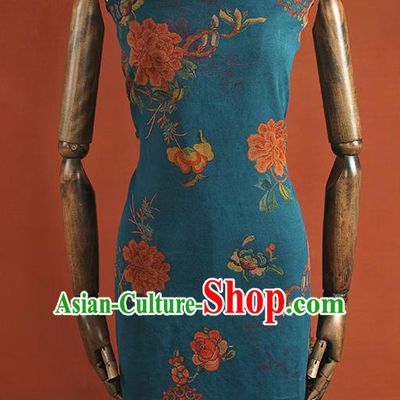 Chinese Traditional Peony Flowers Pattern Design Blue Gambiered Guangdong Gauze Asian Brocade Silk Fabric