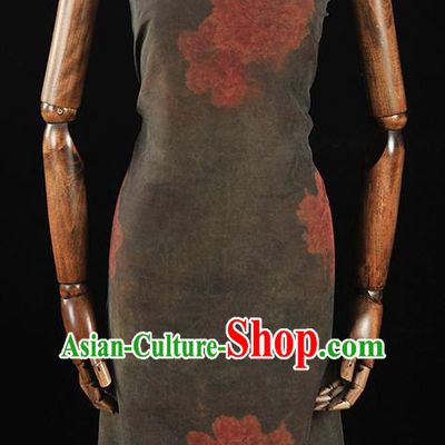 Chinese Traditional Peony Flowers Pattern Design Olive Green Gambiered Guangdong Gauze Asian Brocade Silk Fabric