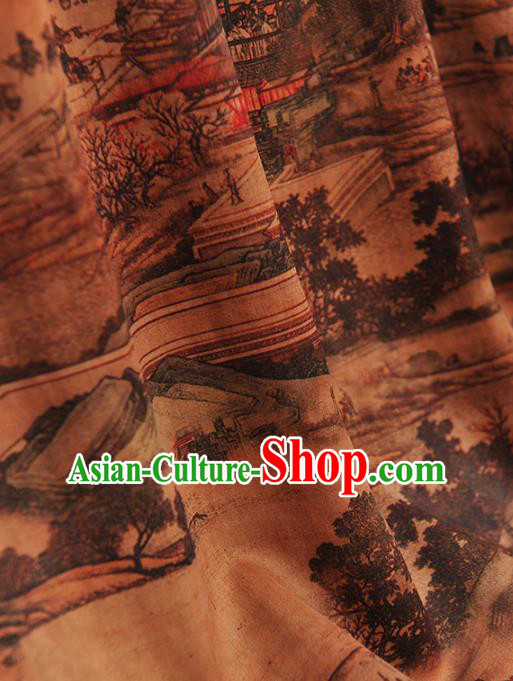 Chinese Traditional View Pattern Design Yellow Gambiered Guangdong Gauze Asian Brocade Silk Fabric Chinese Traditional View Pattern Design Yellow Gambiered Guangdong Gauze Asian Brocade Silk Fabric