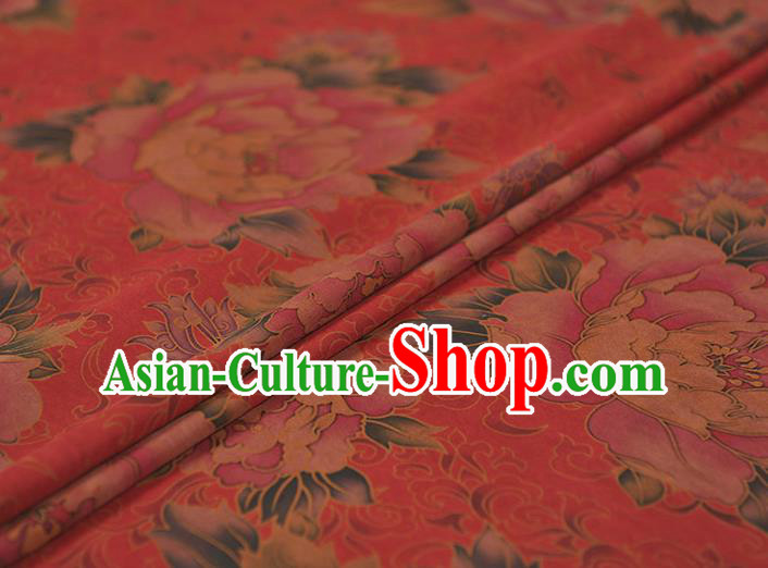 Chinese Traditional Peony Pattern Design Red Gambiered Guangdong Gauze Asian Brocade Silk Fabric