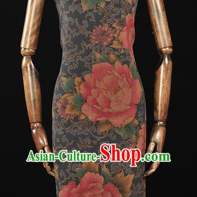 Chinese Traditional Peony Pattern Design Navy Gambiered Guangdong Gauze Asian Brocade Silk Fabric