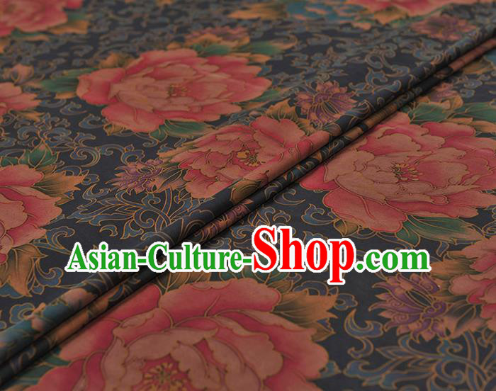 Chinese Traditional Peony Pattern Design Navy Gambiered Guangdong Gauze Asian Brocade Silk Fabric Chinese Traditional Peony Pattern Design Navy Gambiered Guangdong Gauze Asian Brocade Silk Fabric