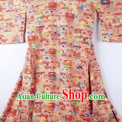 Asian Japanese National Printing Orange Furisode Kimono Ceremony Costume Traditional Japan Yukata Dress for Women