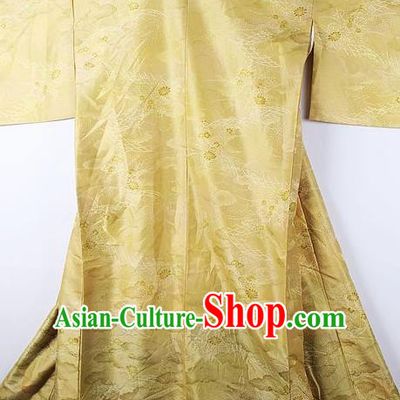 Asian Japanese National Printing Golden Furisode Kimono Ceremony Costume Traditional Japan Yukata Dress for Women