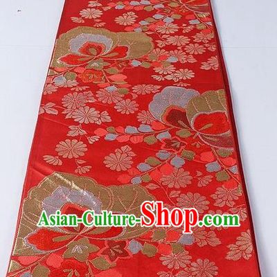Asian Japanese Yukata Accessories Classical Daisy Pattern Red Brocade Belt Japan Traditional Kimono Waistband for Women