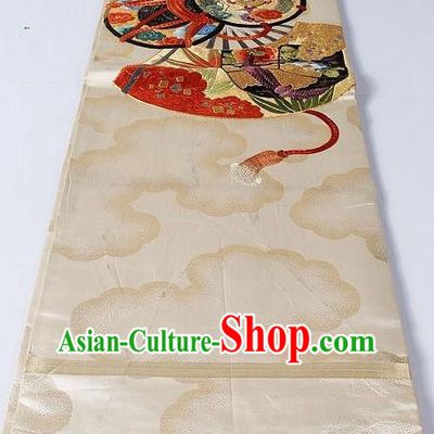 Asian Japanese Yukata Accessories Classical Cloud Pattern Beige Brocade Belt Japan Traditional Kimono Waistband for Women