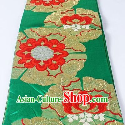 Asian Japanese Yukata Accessories Classical Peony Pattern Green Brocade Belt Japan Traditional Kimono Waistband for Women