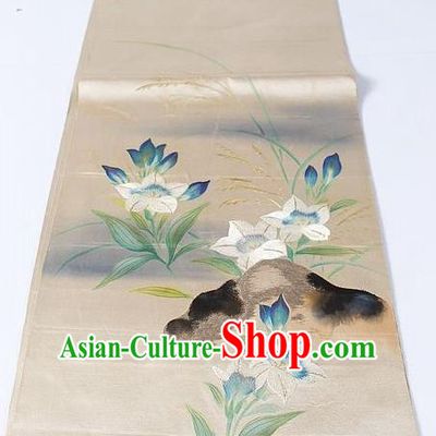 Asian Japanese Yukata Accessories Classical Orchid Pattern Champagne Brocade Belt Japan Traditional Kimono Waistband for Women