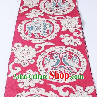 Asian Japanese Yukata Accessories Classical Birds Elephant Pattern Rosy Brocade Belt Japan Traditional Kimono Waistband for Women