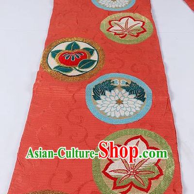 Asian Japanese Yukata Accessories Classical Chrysanthemum Pattern Watermelon Red Brocade Belt Japan Traditional Kimono Waistband for Women