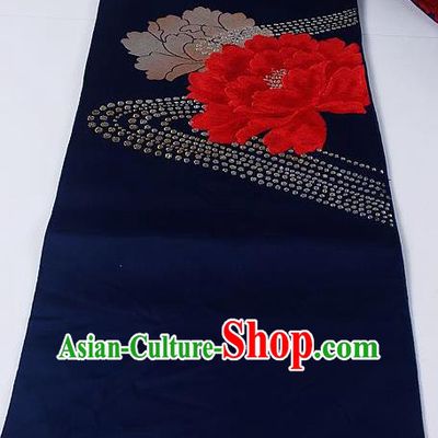 Asian Japanese Kimono Accessories Classical Peony Pattern Royalblue Brocade Belt Traditional Yukata Waistband for Women