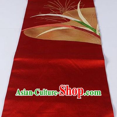 Asian Japanese Classical Orchid Pattern Red Brocade Waistband Kimono Accessories Traditional Yukata Belt for Women