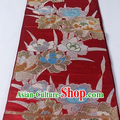 Asian Japanese Yukata Accessories Classical Peony Pattern Wine Red Brocade Belt Japan Traditional Kimono Waistband for Women