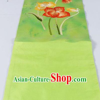 Asian Japanese Classical Lotus Pattern Light Green Brocade Waistband Kimono Accessories Traditional Yukata Belt for Women
