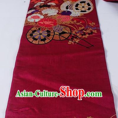 Asian Japanese Classical Peony Chrysanthemum Pattern Wine Red Brocade Waistband Kimono Accessories Traditional Yukata Belt for Women